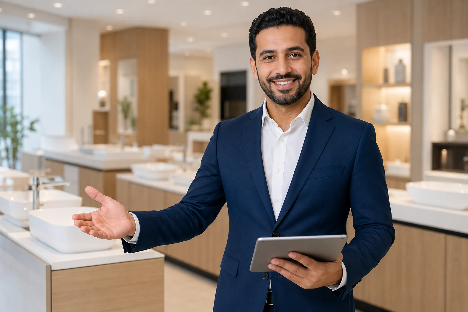 مستشار يرحب بالعميل في معرض المطابخ والمغاسل | A consultant welcoming a customer in a kitchen and washbasin showroom
