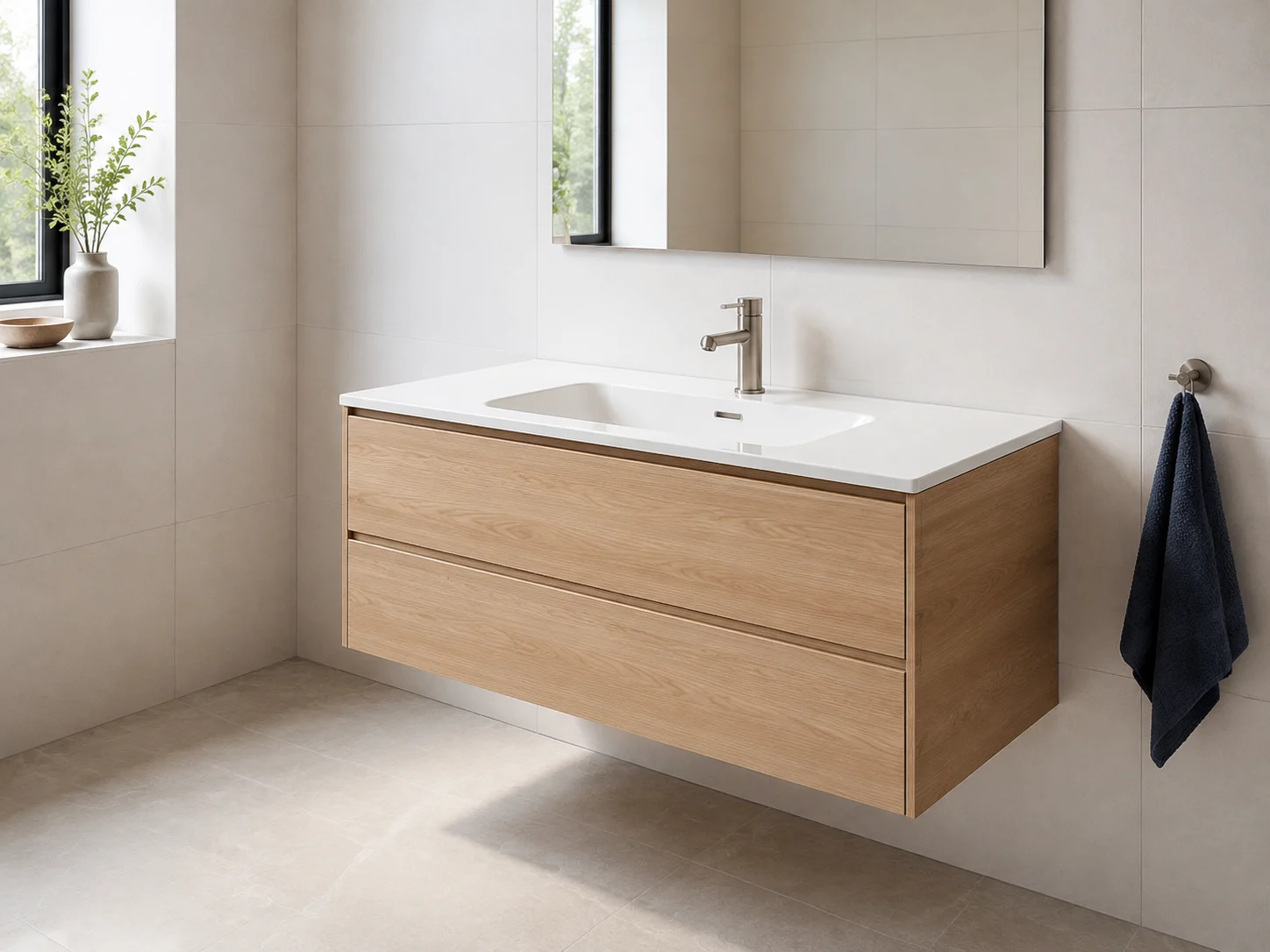 تصميم وحدة مغسلة خشبية معلقة | Floating oak vanity design