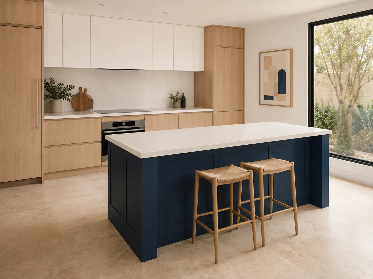 تصميم مطبخ بخشب طبيعي وخزائن كحلية | Natural oak and navy kitchen design