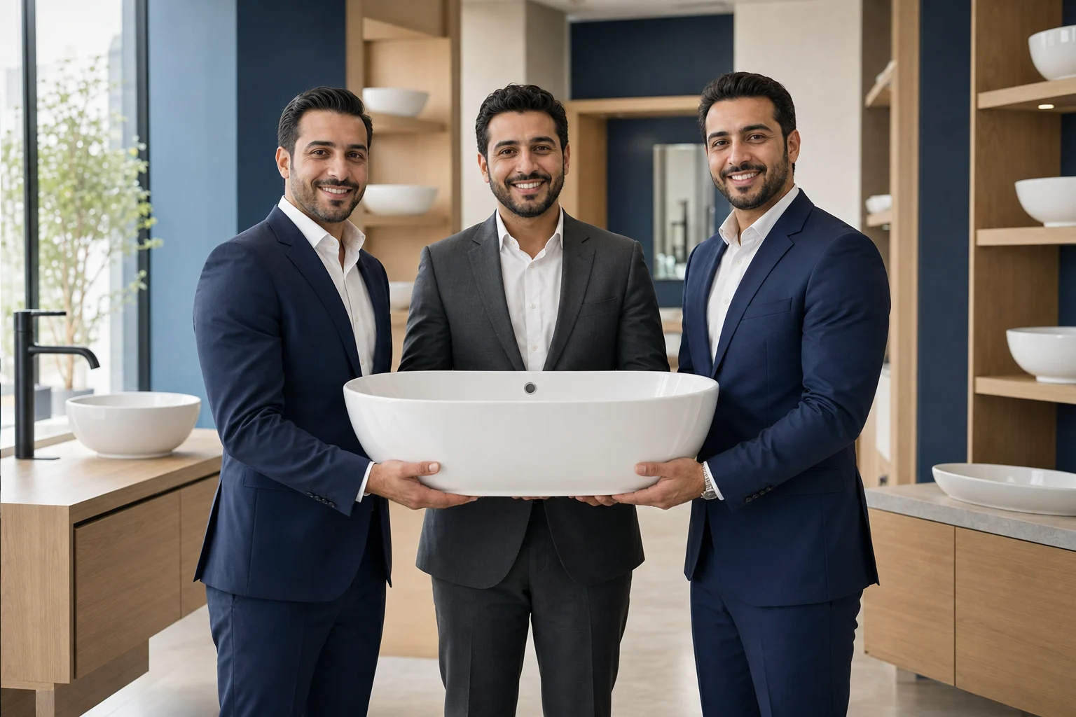 ثلاثة أشخاص يحملون مغسلة في معرض | Three people holding a washbasin in a showroom