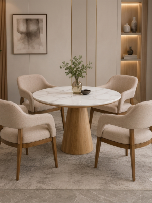 4-Seater Dining Table Set with Boucle Armchairs