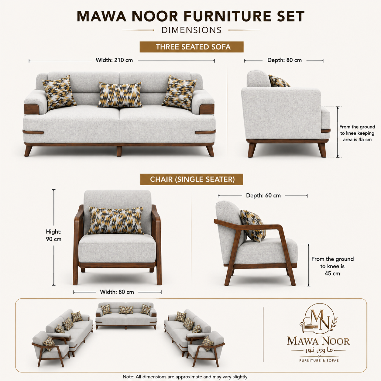 Dimensions of the Mawa Noor 11-seater sofa set